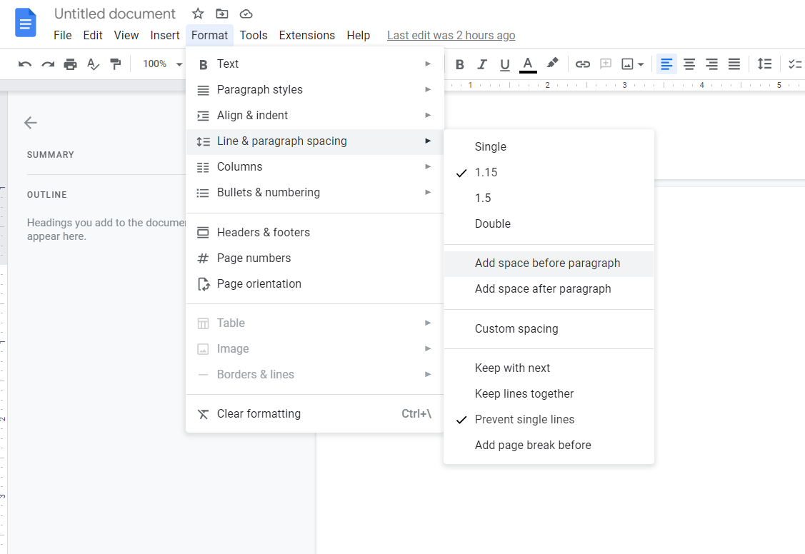 add spaces before paragraph google docs