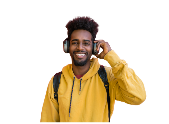 Audiobook listening happy man