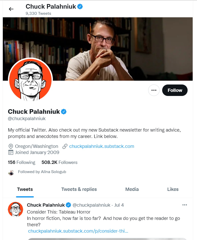 chuck palahniuk author on twitter