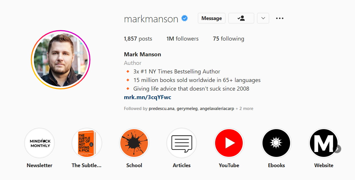 mark manson author instagram page