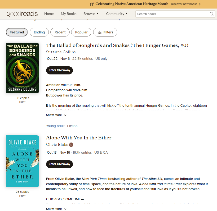 goodreads giveaway page